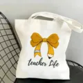 Borsa in tela bianca con grazioso fiocco di matita gialla e stampa, perfetta per l'uso. - Grande Capacità Manico Stile 8 / 35x40cm