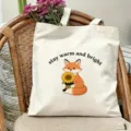 Cute fox printed canvas tote bag, casual handbag for travel, shopping, and daily use. - Fox Sunflower Style (11)