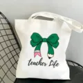 Borsa shopper in tela bianca con stampa fiocco matita insegnante, borsa casual giornaliera. - Matita Verde Stile 6 / 35x40cm