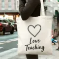 Vue détaillée du grand sac cabas en toile avec impression Love Teaching pour un usage quotidien. - Style 11 / 35*40cm