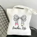 Stylish printed canvas tote bag featuring a cute pencil bow design for daily casual use and travel. - Gray Pencil Style 4 / 35x40cm