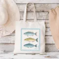 Leinwand Tragetasche mit Vintage Fischdruck, stylische Freizeittasche für Strand und Alltag. - Dreifarbiger Fisch / 35x40cm