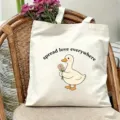 Cute duck print canvas tote bag with lovely flower decor, casual daily reusable shoulder bag. - Duck Style (8)