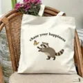 Cute raccoon print canvas tote bag with floral decor, ideal for casual daily use. - Raccoon Style (7)