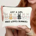 Cute bunny print canvas makeup bag detail shot, daily portable cosmetic pouch for women travel. - Bunny Style (011)
