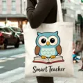 Vue détaillée du sac cabas en toile avec motif hibou, cadeau idéal pour enseignant et usage. - Style 7 / 35*40cm
