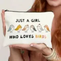 Close-up view of canvas makeup pouch showing cute cartoon bird illustrations and text. - Bird Style (011)