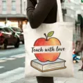 Grand sac cabas en toile avec impression livre pomme, cadeau minimaliste pour professeur. - Style 6 / 35*40cm