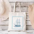 Segeltuch Tragetasche mit vintage Segelschiffdruck, lässige Strandtasche Detailansicht. - Blaues Segelboot / 35x40cm
