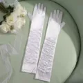 Elegant long white satin ruched gloves detail view, perfect bridal wedding accessory display. - One Size / White