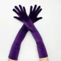 Close-up detail of long purple velvet opera gloves, elegant texture for evening parties. - One Size / Purple Blue