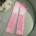 Detailed view of elegant pink satin ruffled long gloves, perfect for bridal wedding events. - One Size / Pink