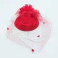 Red vintage fascinator hat detail view, mesh veil with dots and feather floral decoration. - Red