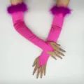 Hot pink satin fingerless long gloves featuring vibrant purple feather trim, vintage party style. - Rose Red