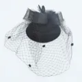 Chapeau pillbox vintage noir avec voile en filet, élégant nœud et plumes pour fête. - Noir