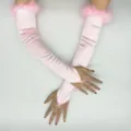 Satin fingerless gloves with fluffy faux fur cuffs, perfect for 1920s parties and cosplay. - Pink