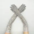 Silver sequin long gloves for evening party, stage performance, and holiday dress up. - One Size / White