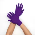 Detail view of women short purple milk silk gloves, lightweight and stretchy performance wear. - Purple