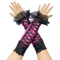 Pink satin long lace sleeves with black ribbon bow gothic style cosplay gloves for women. - One Size / Rose Red
