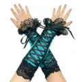Detailed view of green satin lace-up sleeve cuffs with delicate black lace trim and ribbons. - One Size / Malachite green
