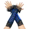 Vue détaillée de fausses manches en satin bleu avec lacets et poignets gothiques lolita. - Taille unique / Bleu