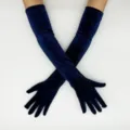 Long dark blue velvet gloves detail view, perfect for vintage stage performances and evening parties. - One Size / Navy Blue
