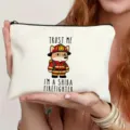 Canvas makeup pouch featuring a cute Shiba Inu firefighter print with text. Perfect gift. - Shiba Firefighter