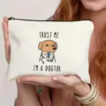 White canvas cosmetic bag with funny dog doctor print, portable zipper pouch for travel gifts. - Dog Doctor