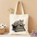 Ästhetische Vintage Katzen Schreibmaschine Segeltuch Tasche lässige modische Umhängetasche. - Graue Katze Schreibmaschine Stil (15)
