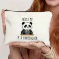 Cute panda teacher canvas makeup bag, stylish zipper pouch for daily travel and gifts. - Panda Wizard