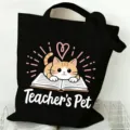 Schwarze Canvas Tragetasche mit süßem Katzen-Design, große Kapazität Lehrer Geschenk Tasche. - Katze liest Muster (14) / 35x40cm / Schwarz