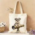 Detailansicht einer Stofftasche mit einem aquarellierten Schnauzerhund mit einem Fernrohr. - Schnauzer Teleskop Stil (8)