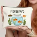 Canvas cosmetic pouch with cute goldfish illustration detail, portable travel storage bag. - Fish Treats Style (9)