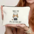 Canvas zipper pouch makeup bag with cute cat chef print, perfect for daily travel gift. - Kitten Chef