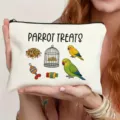 Close-up detail of the canvas zipper pouch featuring cute parrot graphic and treat text design. - Parrot Treats Style (4)