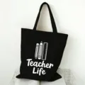 Schwarze Stofftasche aus Canvas mit Lehrer Print, grosser Shopper fuer den Alltag. - Bleistift und Lineal Muster (7) / 35x40cm / Schwarz