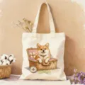 Detailansicht der süßen Corgi Aquarell Druck Canvas Tragetasche mit charmantem Picknick Motiv. - Corgi Picknick Stil (2)