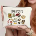 White canvas zipper pouch featuring cute dog treats cartoon print, perfect daily makeup bag. - Dog Treats Style (1)