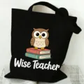Black canvas tote bag teacher gift large capacity casual shoulder shopping handbag - Owl and Books Pattern (3) / 35x40cm / Black