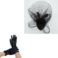 Ensemble de gants en satin noir vintage 1920 et chapeau fascinateur en tulle - Noir