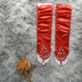 Red satin long wedding gloves with delicate lace embroidery and beading, elegant formal apparel. - One Size / Red