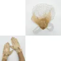 1920s retro prom bridal feather fascinator veil and satin gloves set for women dress. - Champagne
