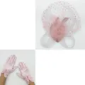 Rose 1920s vintage bal voile résille plume fascinateur chapeau et gants nœud satin - Rose