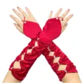 Red satin fingerless wedding gloves with hollow bow pearl details for elegant bridal styling. - One Size / Burgundy