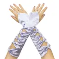 Lavender satin fingerless wedding gloves with delicate cutout bows and pearl details. - One Size / Light Purple