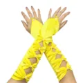 Gants longs de mariée sans doigts en satin jaune avec des perles et des nœuds élégants - Taille unique / Jaune