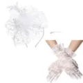 White lace gloves and feather mesh fascinator detail set for bridal party and vintage dance. - White Two-Piece Set