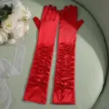Red satin long gloves for women, elegant pleated bridal wedding dress accessories and photography. - One Size / Red