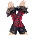 Red and black lace-up long sleeve detail, exquisite gothic cosplay arm warmer view. - One Size / Dark Red