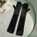 Black long pleated satin gloves for bridal wedding, elegant stretch opera gloves. - One Size / Black